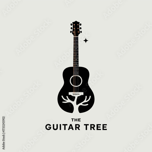 Guitar tree logo, acoustic instrument silhouette sprouting roots and branches, folk music brand identity, creative nature vector