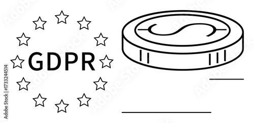 GDPR text encircled by stars symbolizes EU compliance. Adjacent coin icon represents economic, data monetization, privacy, and protection. Ideal for law, security, finance, trust transparency