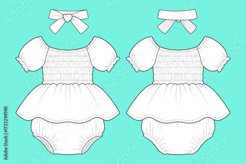 Baby Girl's Puff Sleeves Smocked Bodice Dress and Short Pants with Headband Set Fashion Flat Sketch CAD Outline.