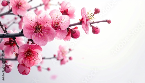 Close-up of a flowering branch with pink blossoms and buds, white background