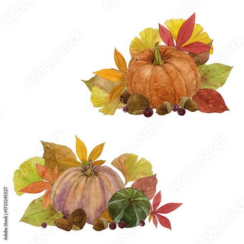 Watercolor Autumn Fall Pumpkin and Leaves Set / Hand-Drawn Halloween and Thanksgiving Corner Ornament Vector