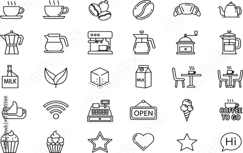 Coffee, café, drink, beverage, icon, silhouette, espresso, latte, cappuccino, tea, milk, grinder, moka pot, French press, cupcake, croissant, coffee shop, barista, open sign, Wi-Fi