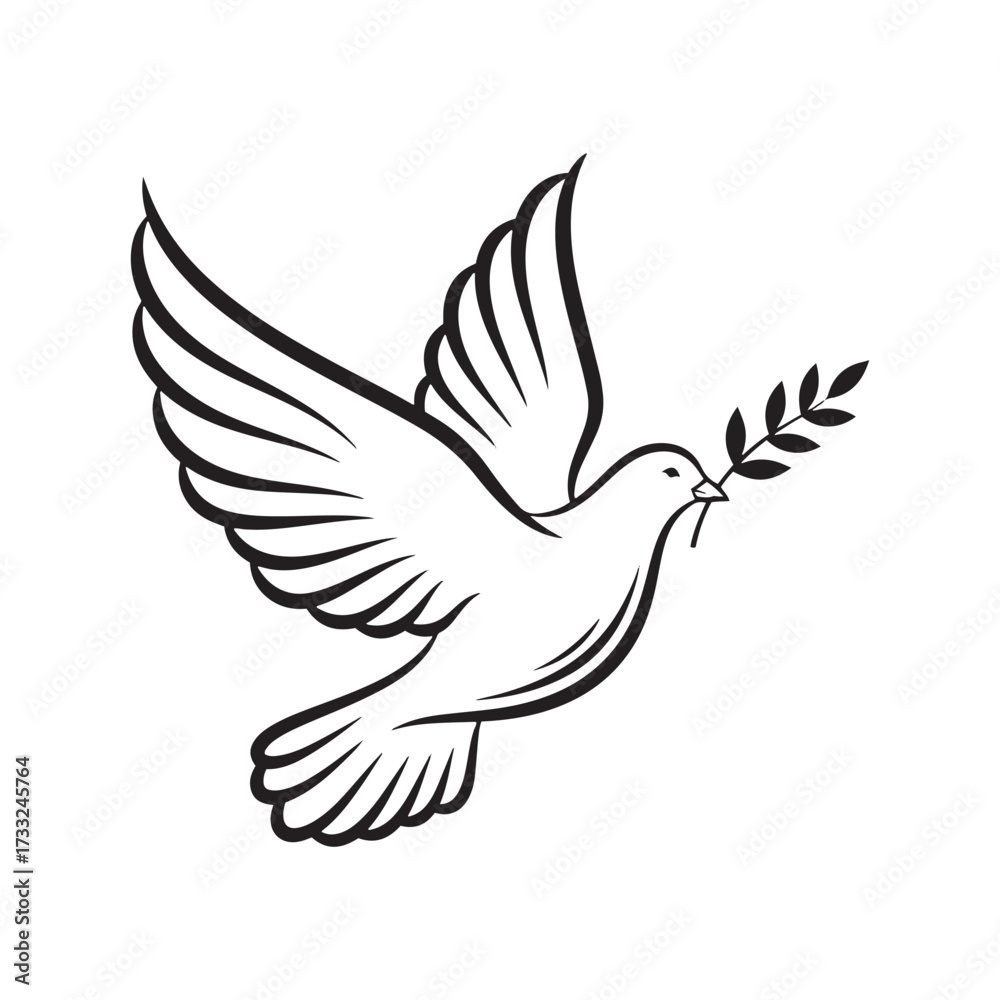Fototapeta premium Hanukkah Dove of peace flying with an olive branch in its beak on white background Keywords: dove, bird, peace, olive branch, flying, freedom, hope