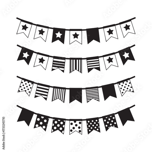 Hanukkah Collection of Four Black and White Decorative Bunting Flags with Stars and Patterns on a White Background