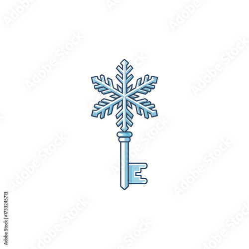 Snowflake key icon, icy winter access symbol, frosty blue outline, seasonal holiday motif, minimal clean vector illustration