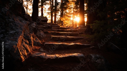 A wooden staircase leads through a sunlit forest path with towering pine trees and moss-covered boulders,