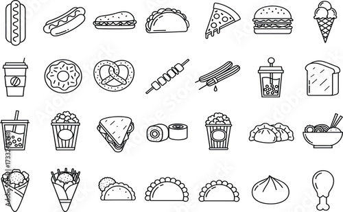 Food, snack, fast food, street food, dessert, drink, icon, silhouette, burger, pizza, taco, sushi, popcorn, donut, skewer, churros, coffee, noodle, empanada, bao