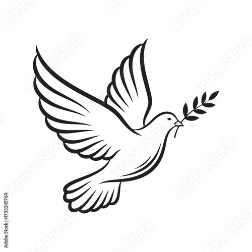 Hanukkah Dove of peace flying with an olive branch in its beak on white background Keywords: dove, bird, peace, olive branch, flying, freedom, hope