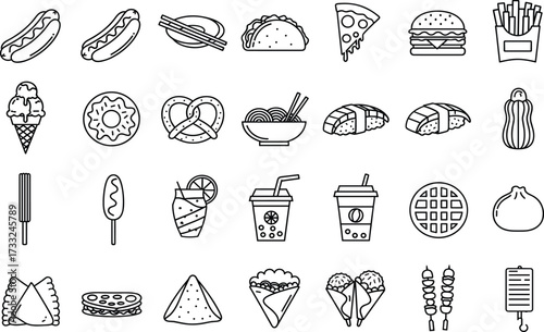 Food, snack, fast food, street food, dessert, drink, icon, silhouette, burger, pizza, taco, sushi, waffle, donut, sandwich, wrap, ice cream, beverage, skewer, noodle, croissant