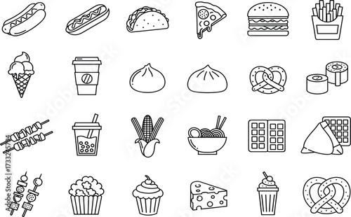 Food, snack, fast food, street food, dessert, drink, icon, silhouette, burger, pizza, taco, sushi, popcorn, donut, skewer, sandwich, chocolate, milkshake, noodle, dumpling