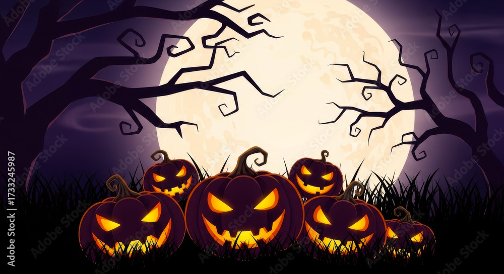 Fototapeta premium Spooky halloween pumpkins with carved faces glowing in the dark against a full moon and silhouetted trees