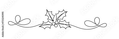 Christmas Holly leaf Continuous Line Art Vector