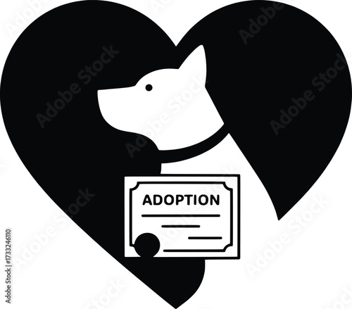 Dog adoption heart symbol with certificate of love and care for pet adoption