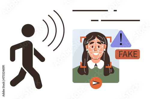 Person emitting sound waves interacting with a portrait flagged as fake using facial recognition. Ideal for AI ethics, cybersecurity, biometric detection, media authentication, misinformation