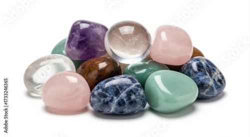 Artfully Arranged Pile of Various Smooth Tumbled Natural Crystal Stones, Diverse Colors and Shapes, Soft Even Studio Lighting, Harmonious, Isolated on Pristine White Background