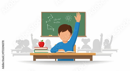 Student raises hand in classroom, symbolizing active learning, curiosity, and participation. This illustration captures the dynamic essence of an engaging educational environment