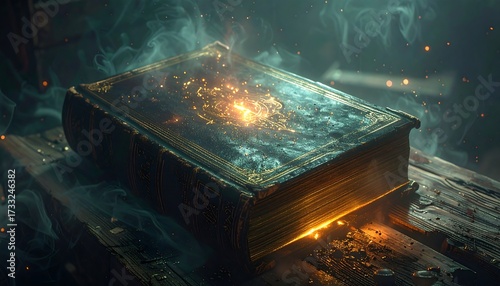 An antique, leather-bound tome glows, emitting light and ethereal smoke upon a wooden surface in a dimly lit, atmospheric room
