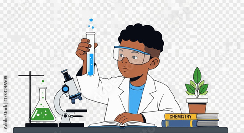 Young scientist in lab coat experimenting with chemicals and microscope, illustrating a passion for discovery and learning