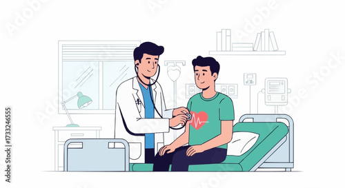 Medical professional performing a heart check-up on a young patient in a clinic. Concept of healthcare and cardiology