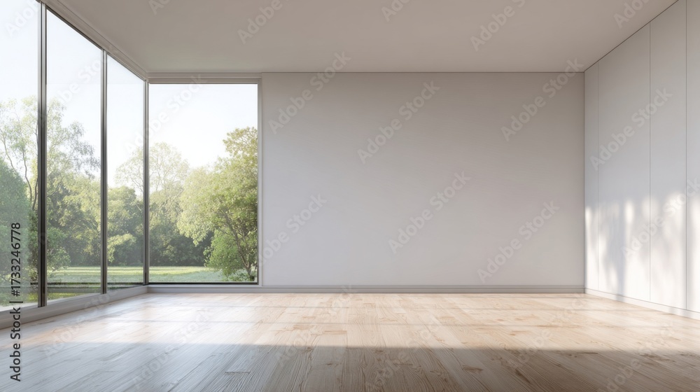 Obraz premium An empty room with light wooden flooring and white walls, illuminated by sunlight through large windows,