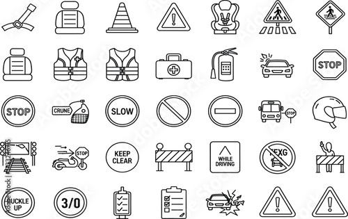 Road safety icons, traffic signs, driving hazards, emergency symbols, black and white vector set, helmet, seatbelt, stop sign, accident alert
