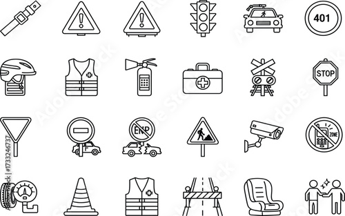 Road safety icons, traffic signs, emergency preparedness symbols, black and white vector set, transportation warning, police, helmet, fire extinguisher