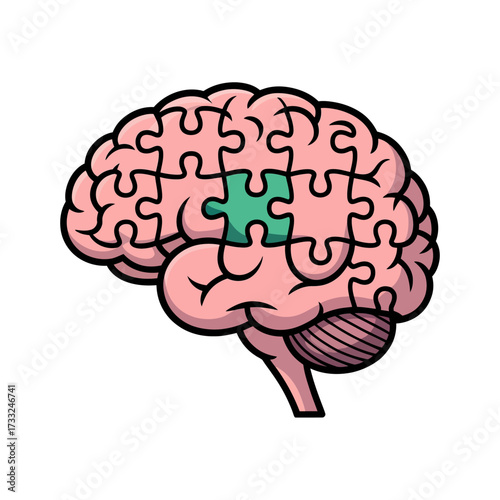 brain puzzle illustration, missing piece in place, cognitive learning concept, psychology logo idea, mental health vector