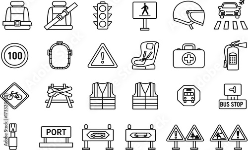 Road safety icons, traffic signs, transportation symbols, black and white vector set, helmet, seatbelt, bus stop, warning triangle, hazard