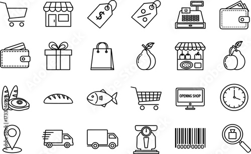 Shopping, commerce, retail, store, sale, barcode, delivery, cart, bag, gift, payment, icon, silhouette, grocery, market, storefront, logistics, scanner, wallet, register, food