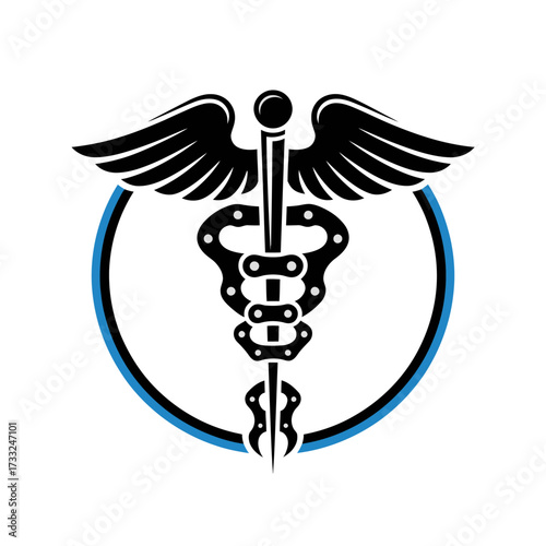 caduceus medical emblem, winged staff with serpents, circular frame highlight, healthcare clinic branding, trustworthy professional vector