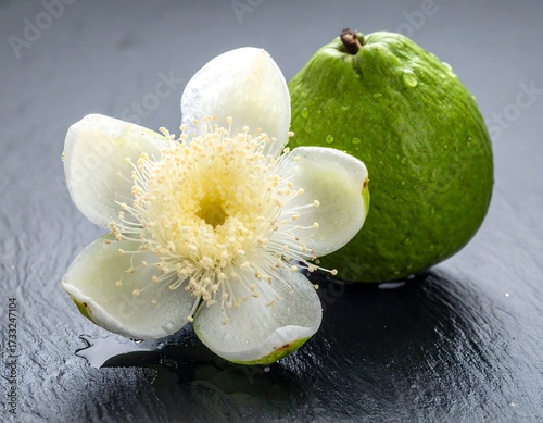 Fresh guava flower and fruit close-up