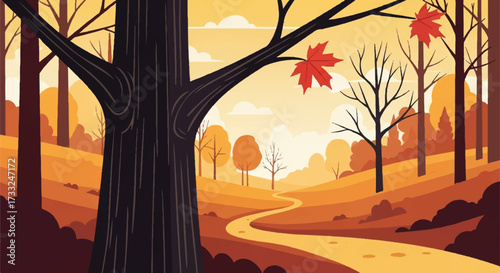 A serene autumn forest path with a winding dirt road, surrounded by trees with vibrant orange and red leaves, set against a warm yellow sky with fluffy white clouds.