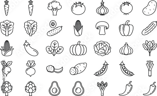 Vegetable and fruit icon set, healthy food line drawings, organic produce symbols, farming illustrations, black and white grid collection