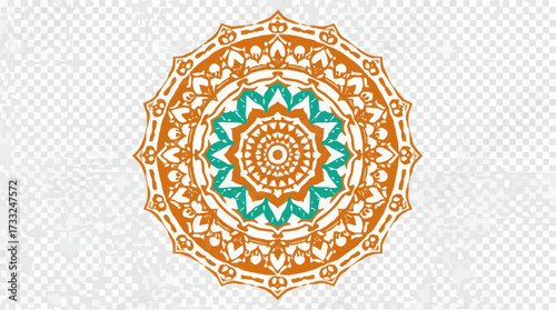 Vibrant orange and turquoise mandala design, an intricate spiritual symbol representing sacred geometry for mindfulness and zen concepts