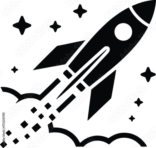 Retro style rocket ship launching into starry space with fiery exhaust