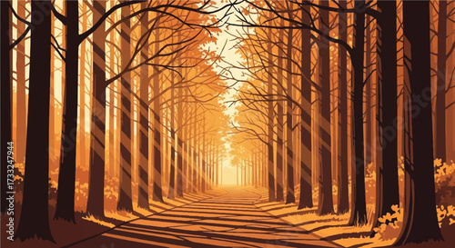 Warmly lit, serene autumn forest path with tall trees and a sunlit walkway leading into the distance, conveying a peaceful mood.