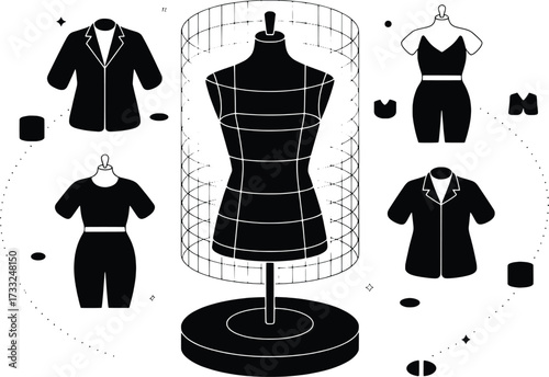 Fashion design concept display mannequin with outfits and accessories