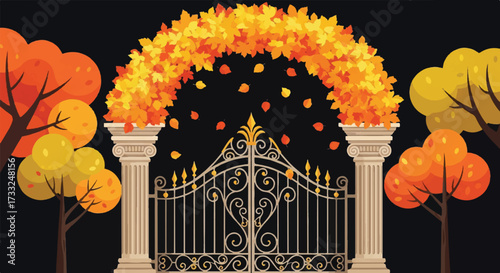 Digital illustration of an ornate gate with a vibrant autumn archway and trees against a dark background, showcasing a mix of yellow, orange, and red foliage.
