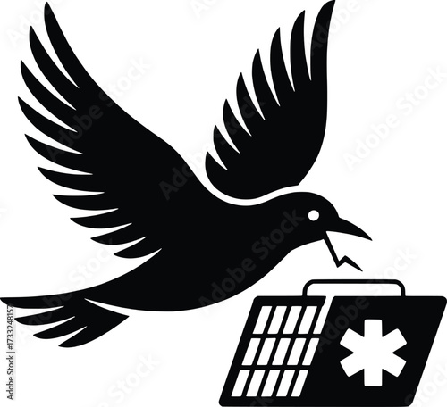 Black silhouette of a bird carrying a medical kit in its beak