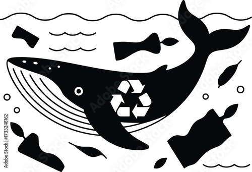 Majestic whale swims through ocean pollution with recycling symbol