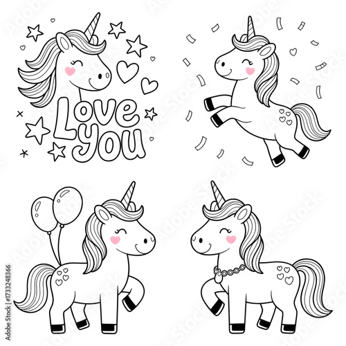 Cute Unicorn Coloring Pages for Kids, Love You, Balloons, and Sparkles, Printable Fantasy Drawings