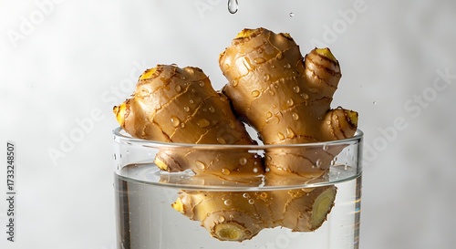 Fresh ginger roots soaking in a glass of water ready to be used for cooking or tea time