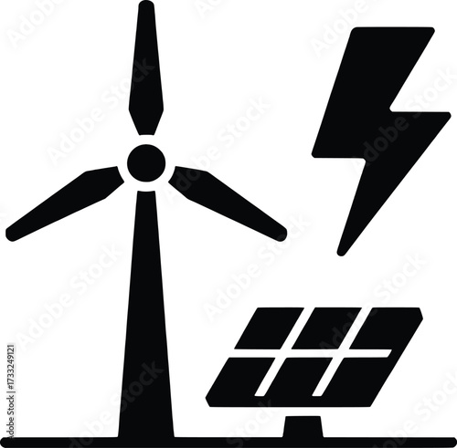 Renewable energy icon set wind turbine solar panel lightning bolt symbol for sustainability