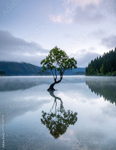 Peaceful lake sunrise with a single tree