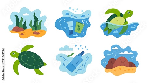 Fototapeta Naklejka Na Ścianę i Meble -  Set of vector illustrations depicting sea pollution and environmental problems