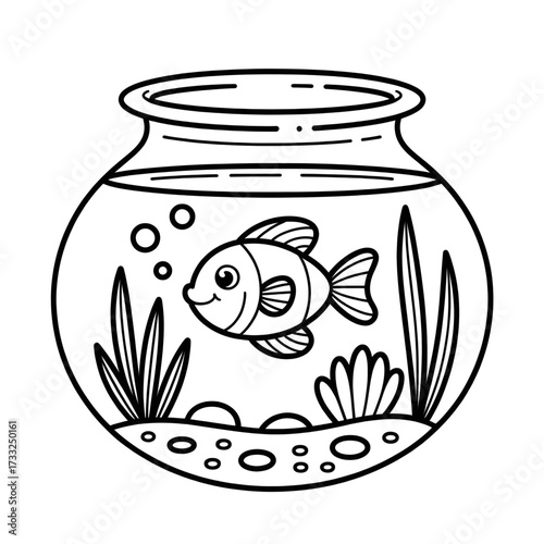 Cute Fish in Aquarium Coloring Page, Underwater Scene for Kids, Printable Fish Drawing