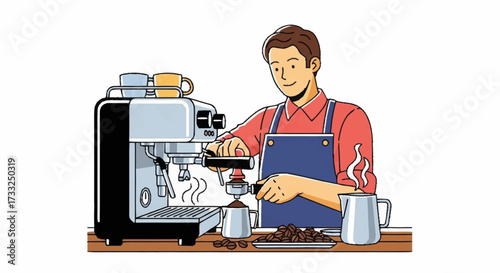 Skilled barista crafting delicious espresso with professional machine, creating inviting coffee shop atmosphere