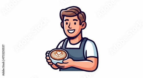 Smiling barista proudly presents a perfectly crafted latte with intricate foam art, ready to delight customers with exceptional coffee experiences.