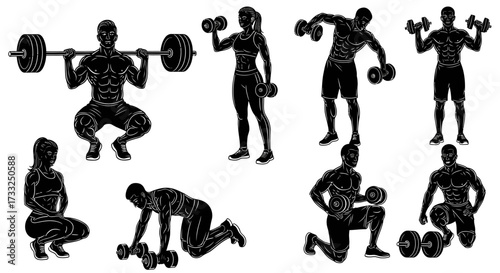 A collection of black and white vector illustrations depicting various weightlifting exercises performed by male and female figures.