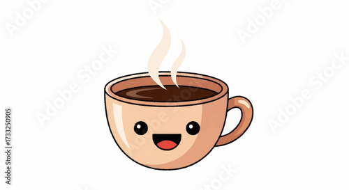 Delightful cartoon coffee cup with a happy face and steaming aroma, perfect for breakfast or cafe branding and cheerful designs.